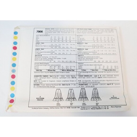 McCall's 7906 Sewing Pattern Misses' Flared Skirt  Size 12 14 16  18 Uncut - Picture 3 of 3